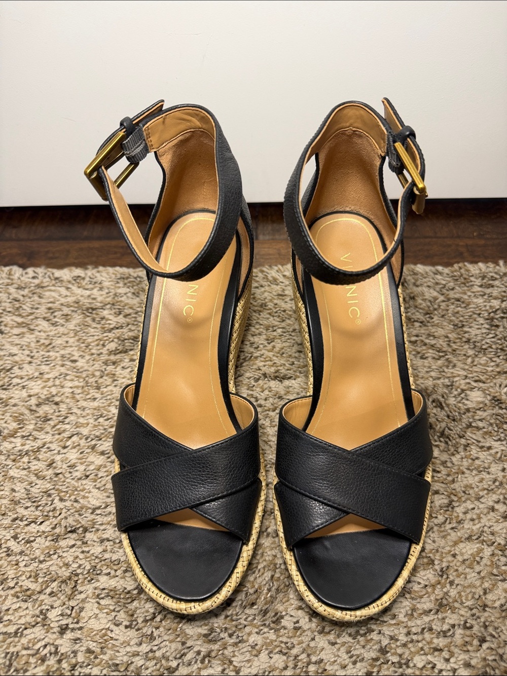 Vionic Black Leather Espadrille Wedge Sandals